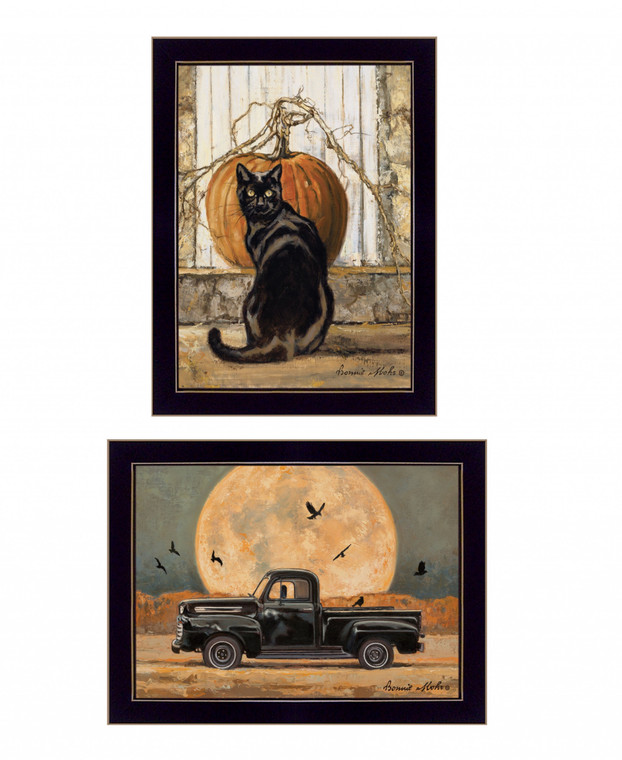 Set Of Two Harvest Moon With A Black Cat And Truck 3 Black Framed Print Wall Art - 606114054115