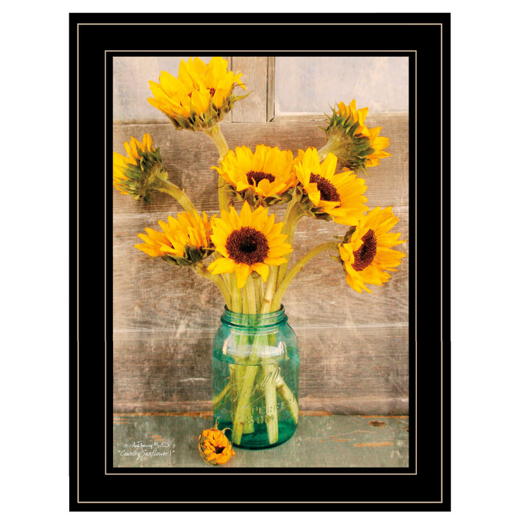 Country Sunflowers in a Mason Jar Black Framed Print Wall Art - 606114020547