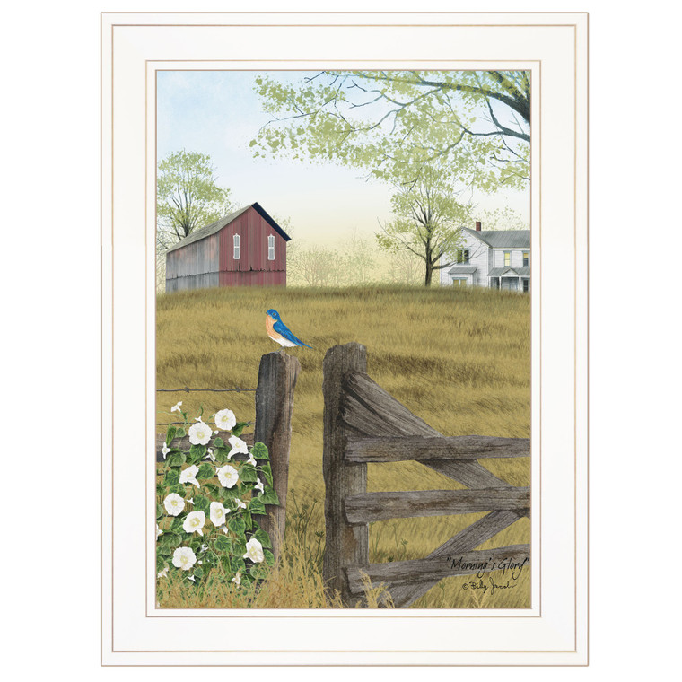 Blue Bird and Mornings Glory on the Farm White Framed Print Wall Art - 606114034216