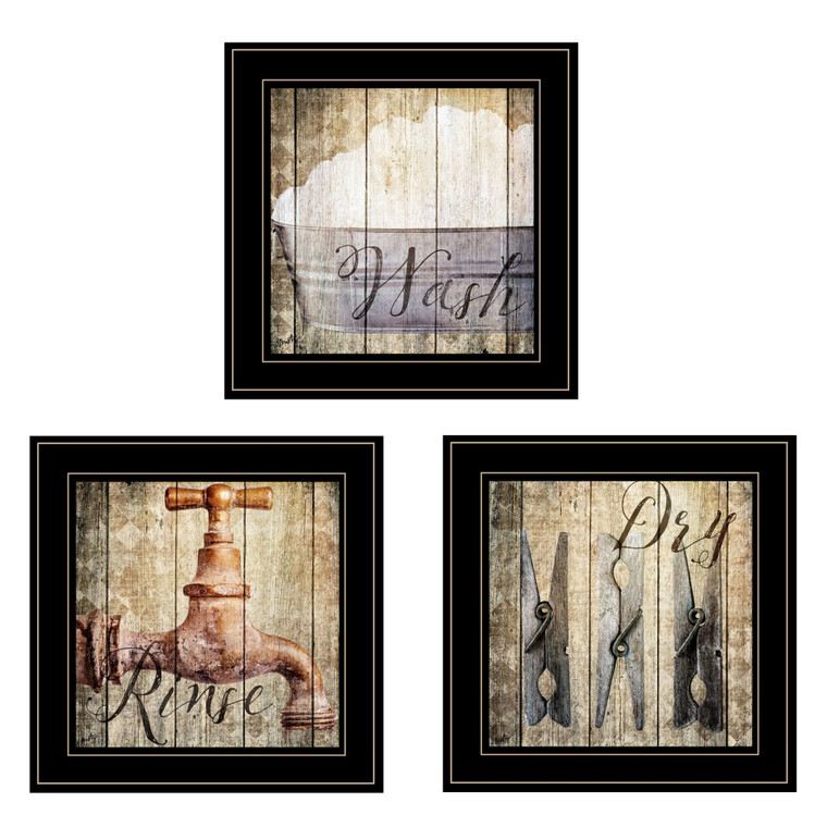 Homeroots Home Decor Set Of Three Wash 2 Black Framed Print Bathroom Wall Art, Black, 15 x 15 Inches