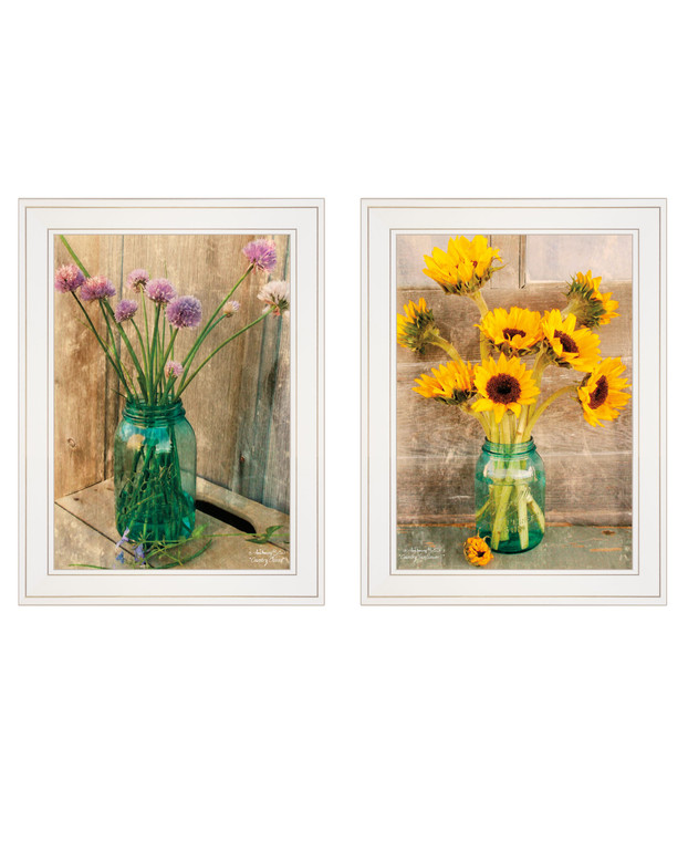 Set Of Two Country Sunflowers And Chives 1 White Framed Print Wall Art - 606114682509