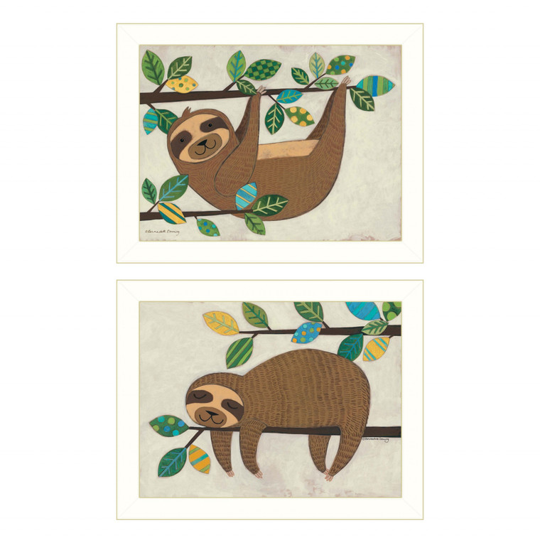 Set Of Two Cute Sloths 2 White Framed Print Wall Art - 606114043300