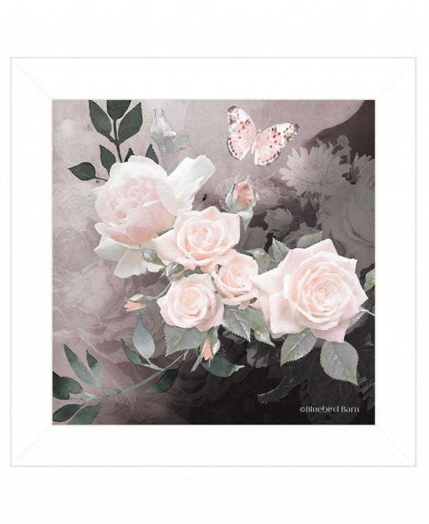 Pink Roses and Butterfly White Framed Print Wall Art - 606114072454