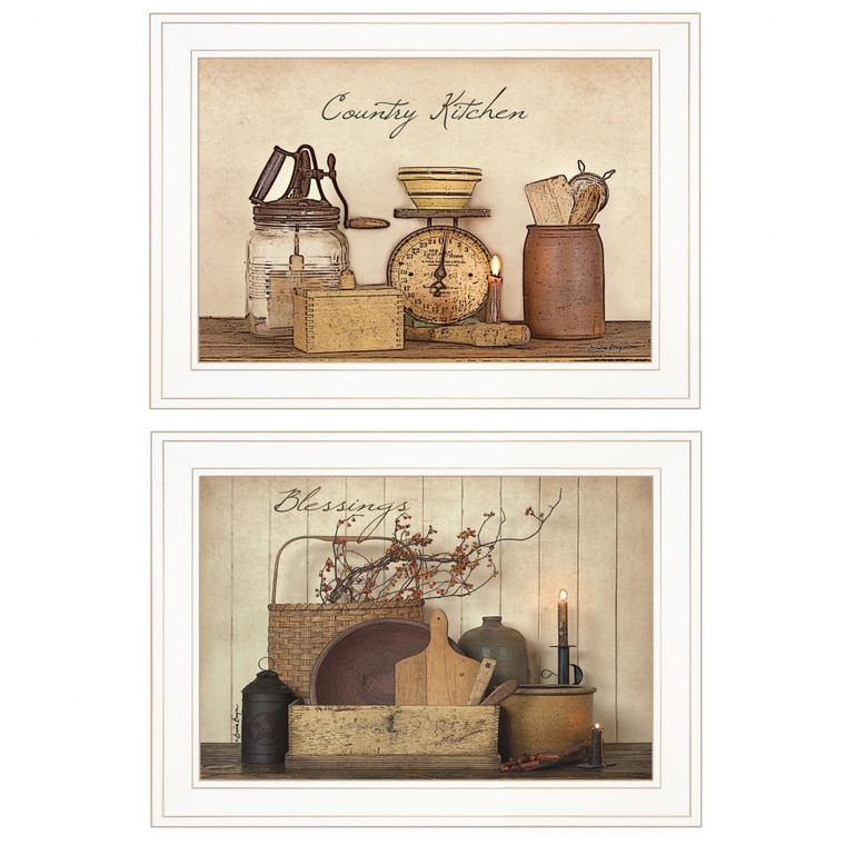 Set Of Two Country Kitchen Blessings White Framed Print Wall Art - 606114073321