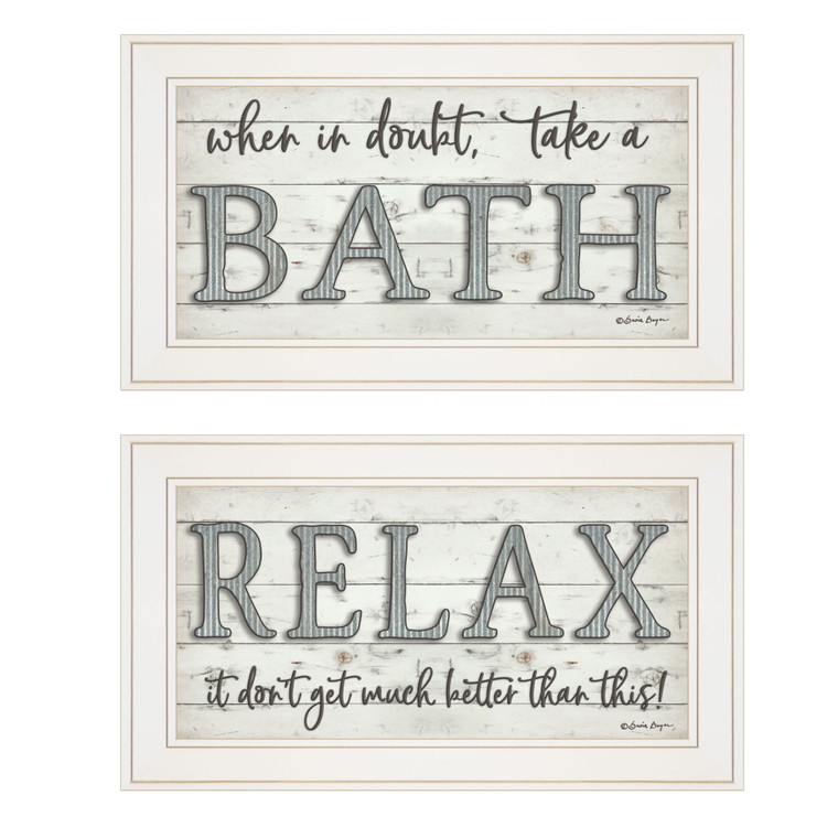 Homeroots Home Decor Set Of Two When in Doubt Take A Bath Relax Framed Print Bathroom Wall Art, White, Set of 2