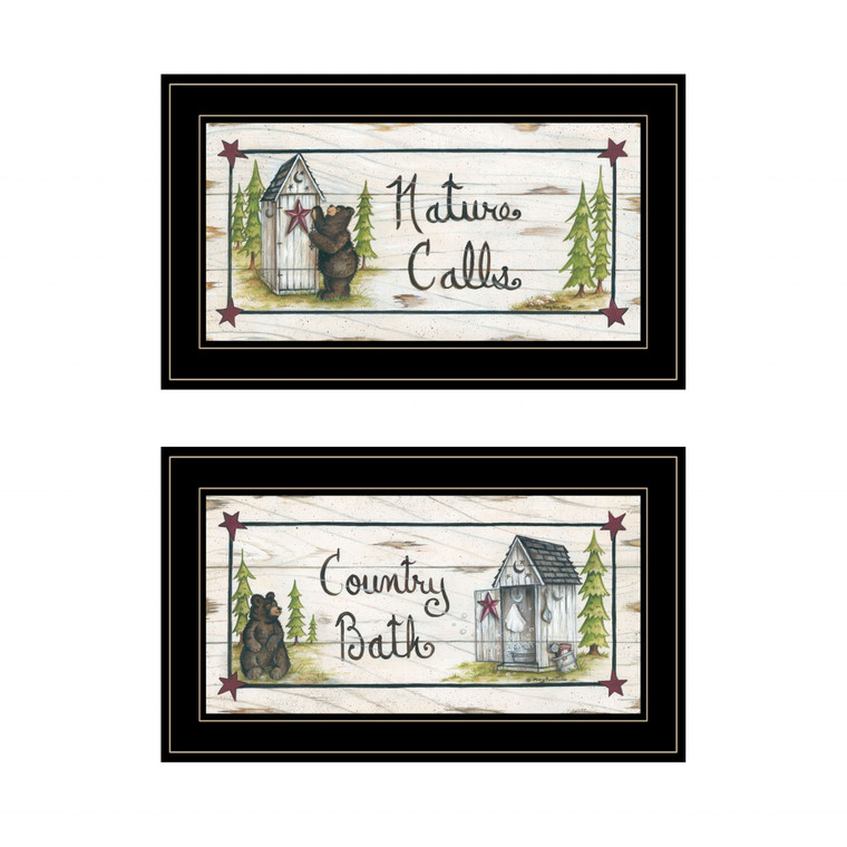 Homeroots Home Decor Set Of Two Whimsical Bear Nature Calls Black Framed Bathroom Prints Wall Art, Black, Set of Two