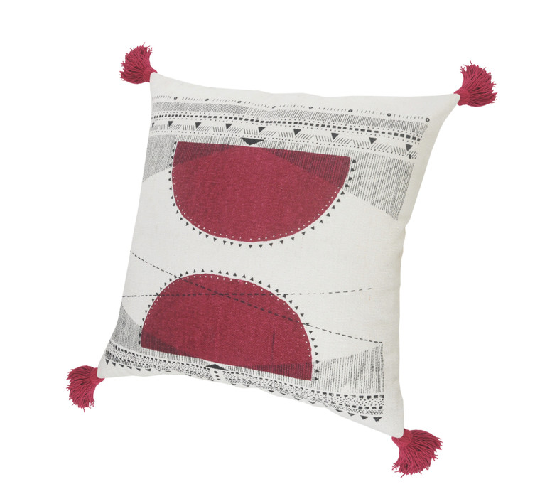 Homeroots Home Decor 20 X 20 Inches White Black and Burgundy 100% Cotton Geometric Zippered Pillow