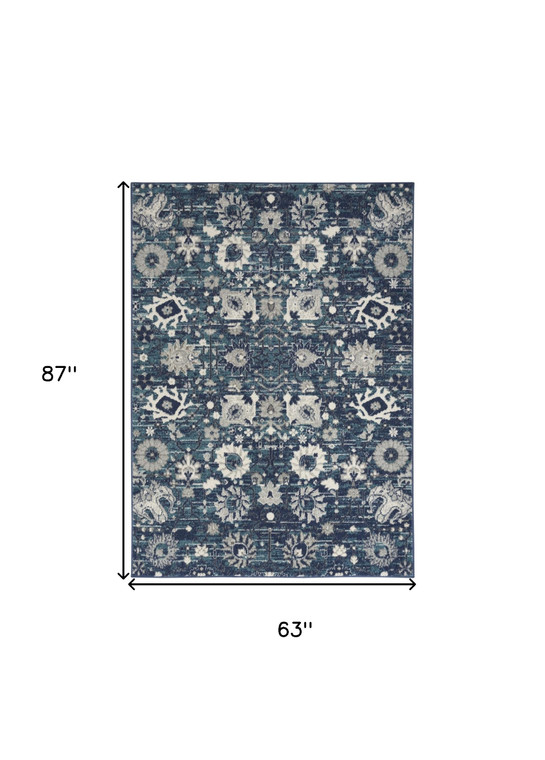 5' X 7' Navy Blue Floral Power Loom Distressed Area Rug Polypropylene