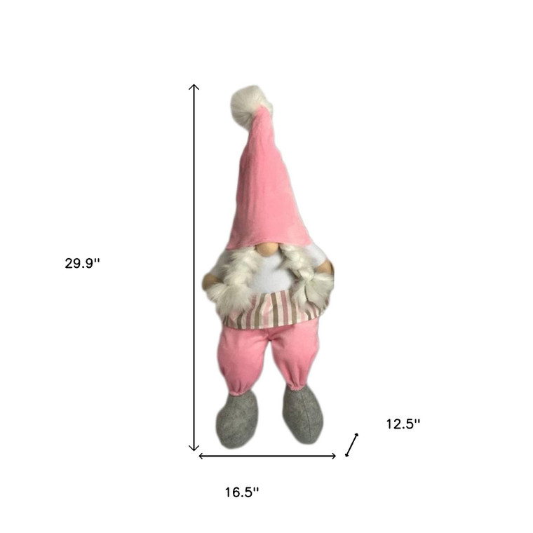 30" Pink and White Fabric Sitting Gnome - 606114843016