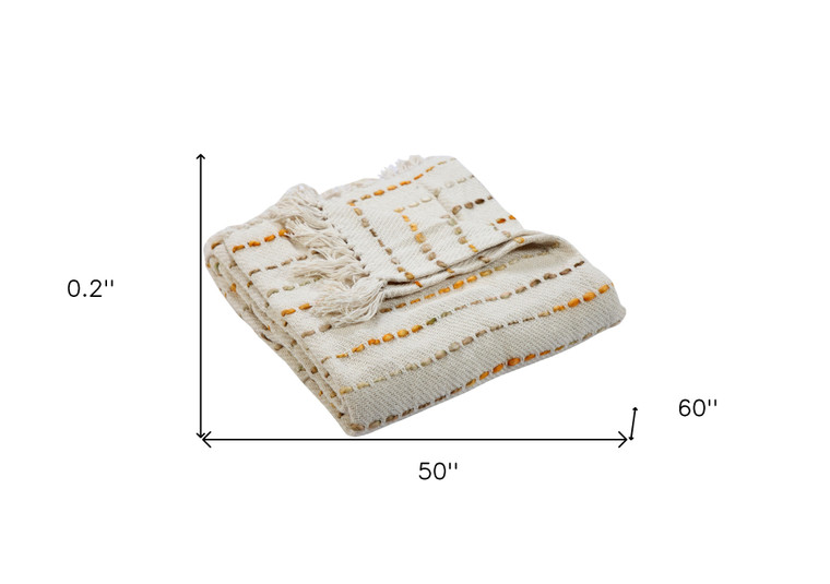50" X 60" Cream Kantha Cotton Striped Throw Blanket with Embroidery Modern Style