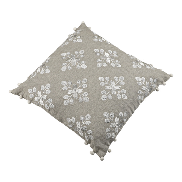Homeroots Home Decor 20 X 20 Inches Beige and Ivory Floral Linen Zippered Pillow with Embroidery, Pom Poms