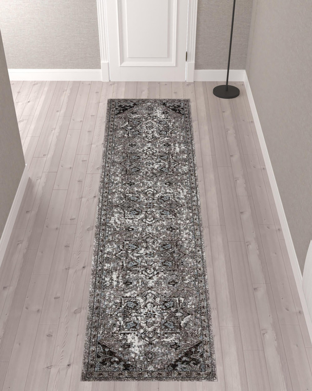 10' Black and Gray Medallion Power Loom Runner Rug