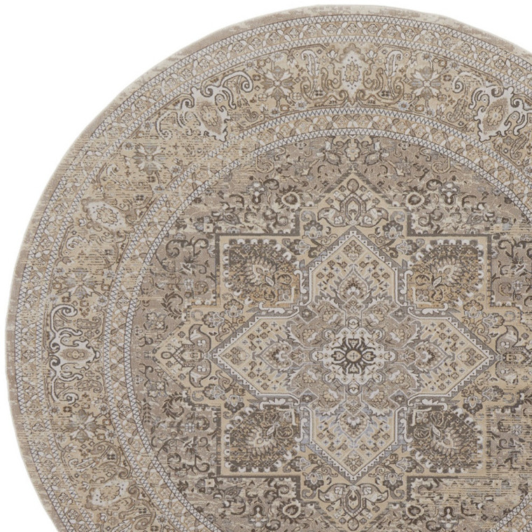 Homeroots Home Decor 8' Brown and Ivory Round Medallion Power Loom Distressed Area Rug