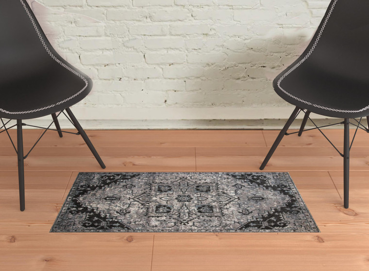 2' X 3' Black And Gray Medallion Area Rug