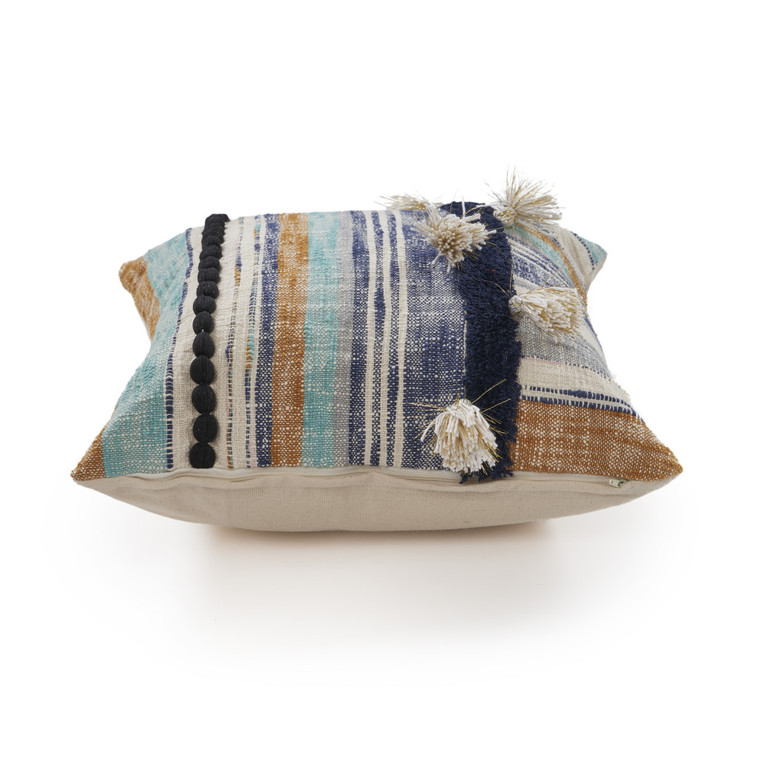 Homeroots Home Decor 18 Inch Blue and Beige Patchwork Cotton Zippered Pillow with Tassels