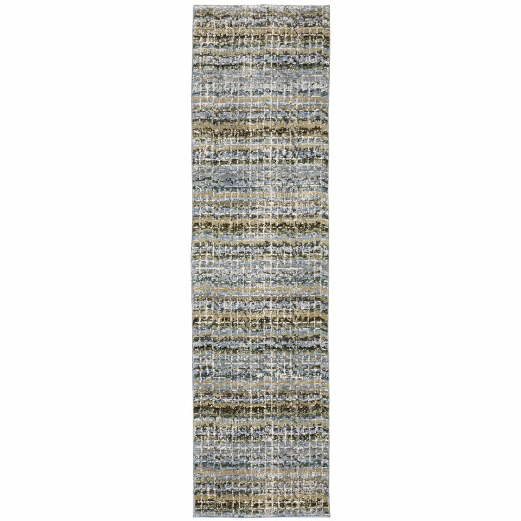 Homeroots Home Decor 2' X 10' Abstract Runner Rug, Blue, Green, Teal and Grey, Power Loom Stain Resistant