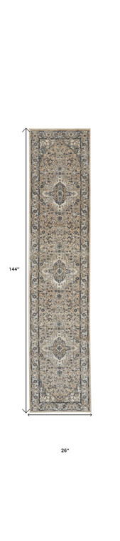 12' Gray and Ivory Medallion Power Loom Runner Rug Polypropylene, Polyester
