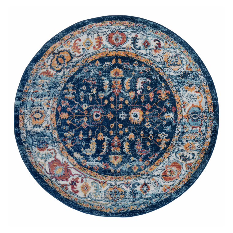 Homeroots Home Decor 6' Blue and Orange Round Oriental Power Loom Area Rug