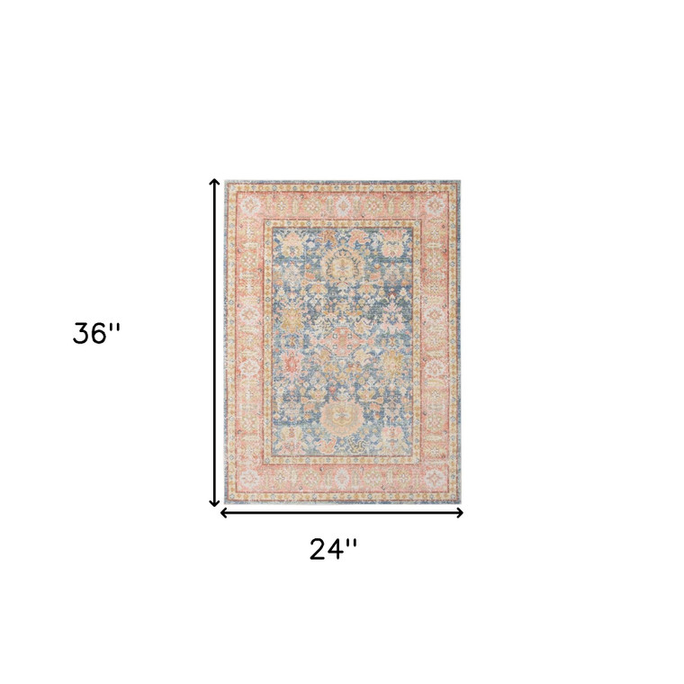 2' X 3' Coral And Blue Oriental Distressed Area Rug