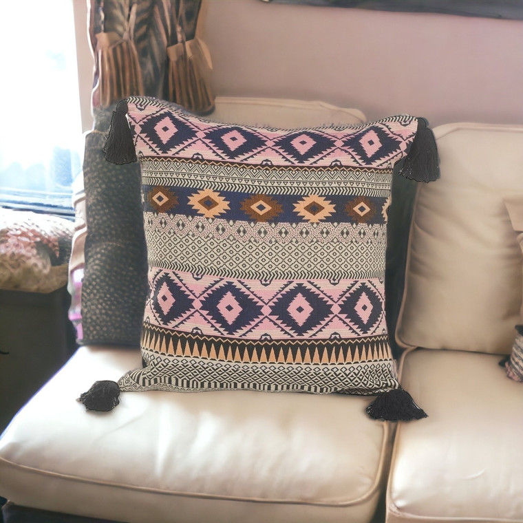 Homeroots Home Decor 20 X 20 Inches Black and Yellow Southwestern Cotton Zippered Pillow with Tassels