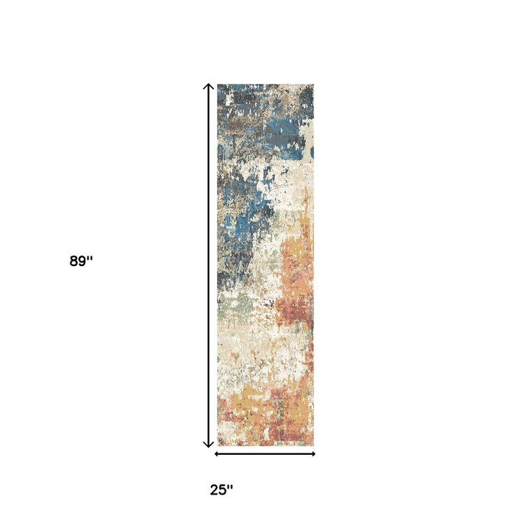 8' Beige Blue and Ivory Abstract Distressed Runner Rug With Fringe