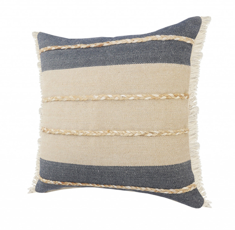 Homeroots Home Decor 20 X 20 Inches with Denim Blue Tan and Taupe Jute Coastal Zippered Pillow