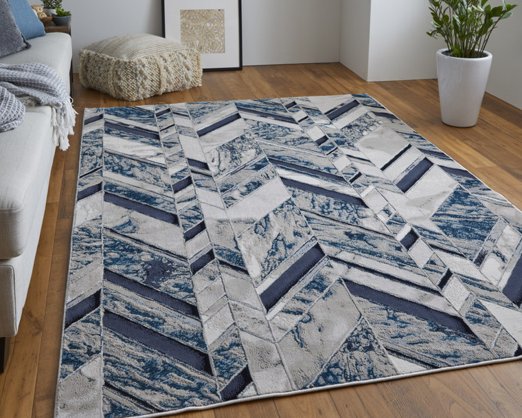 Homeroots Home Decor 10' X 13' Ivory Blue and Gray Chevron Power Loom Distressed Area Rug