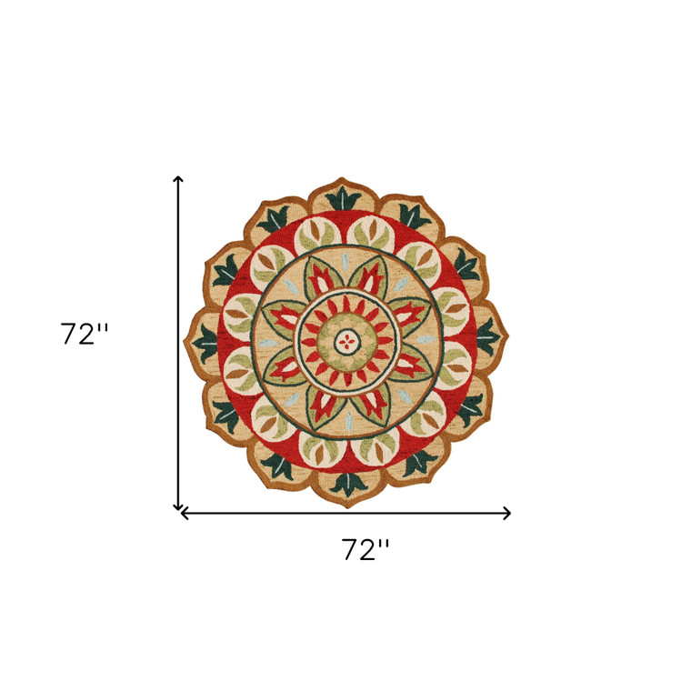 Homeroots Home Decor 6' x 6' Red Round Wool Floral Hand Tufted Area Rug