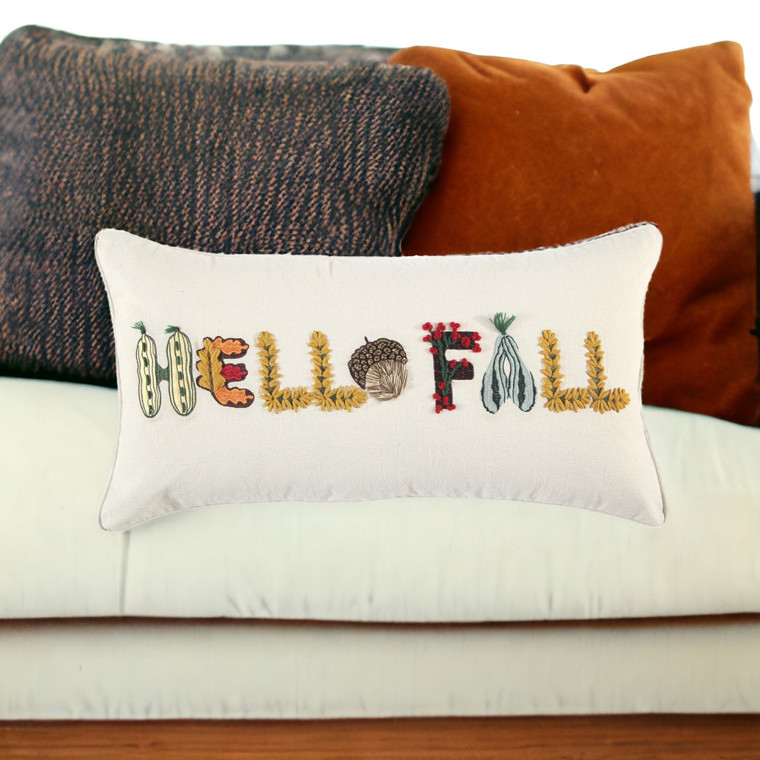 14" X 14" Yellow and White Thanksgiving Cotton Pillow With Embroidery Edges