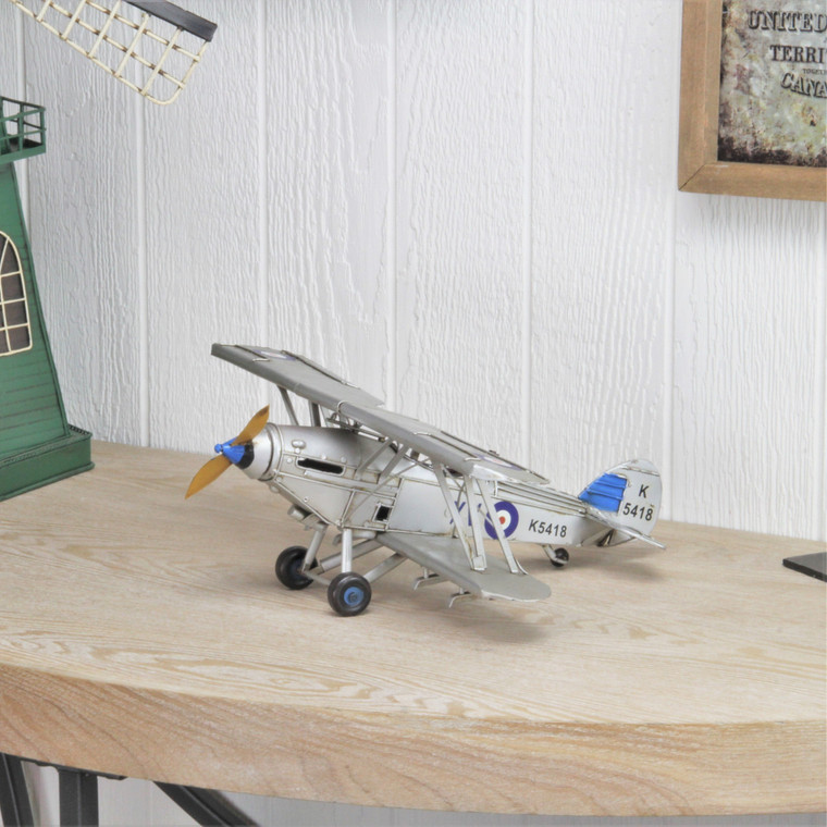 5" Blue and Gray Metal Hand Painted Model Airplane Tabletop Sculpture