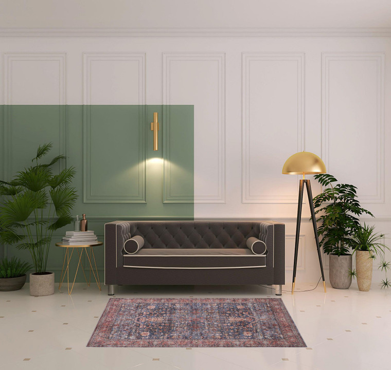 4' X 6' Blue and Red Oriental Power Loom Distressed Washable Non Skid Area Rug Polyester