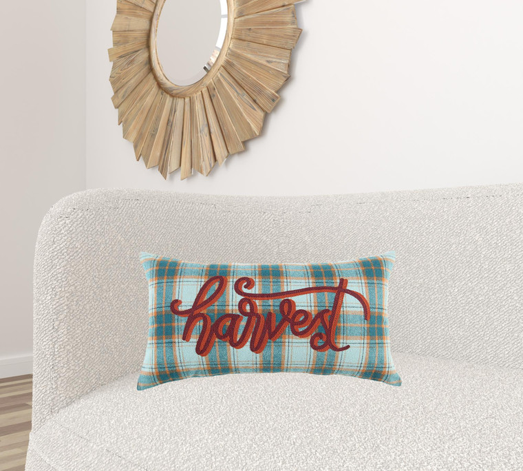 Homeroots Home Decor 14 X 14 Inches Thanksgiving Wool Blend Pillow, Blue and Orange, with Embroidery