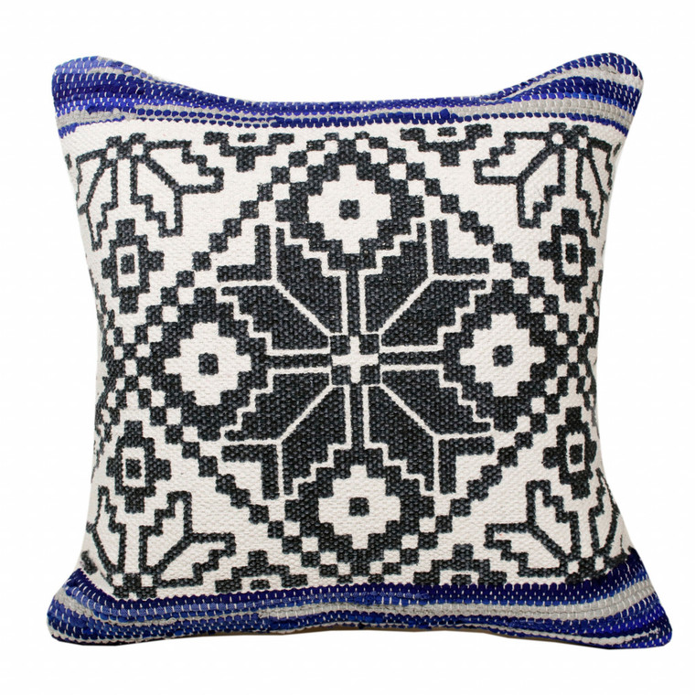 Homeroots Home Decor 20 X 20 Inches Blue, Navy, Gray, and White 100% Cotton Geometric Zippered Pillow