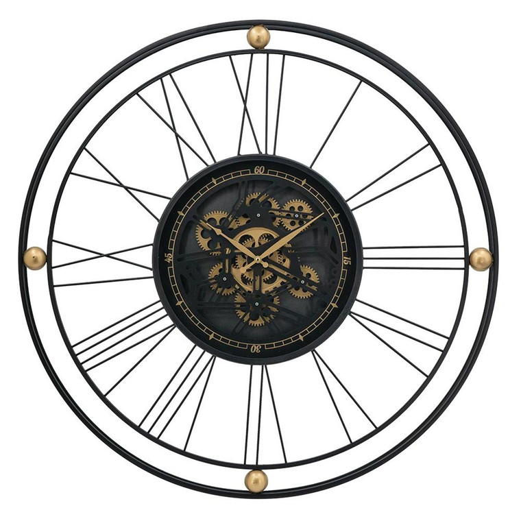 Homeroots Home Decor 32" Circle Analog Exposed Gear Wall Clock, Black and Gold