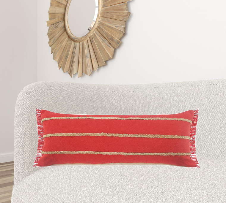Homeroots Home Decor 14 X 36 Inches Red and Tan 100% Cotton Zippered Pillow