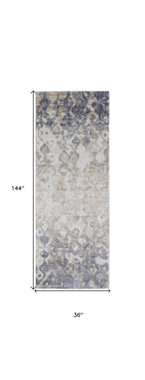 Homeroots Home Decor 12' Tan Ivory and Blue Abstract Power Loom Distressed Runner Rug