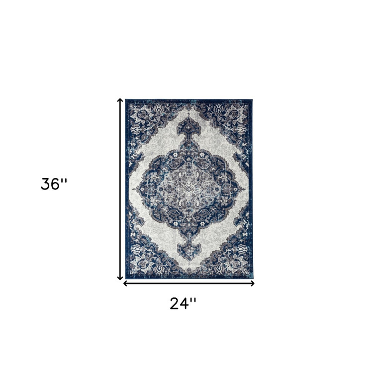 2' X 3' Ivory Gray And Blue Medallion Area Rug