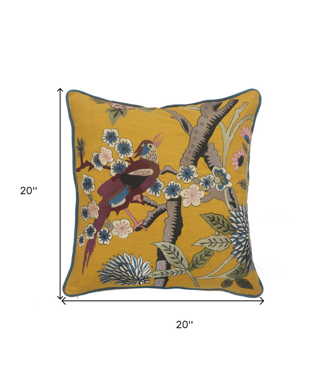 20" X 20" Blue and Yellow Bird Floral Cotton Zippered Pillow With Embroidery - 606114789376