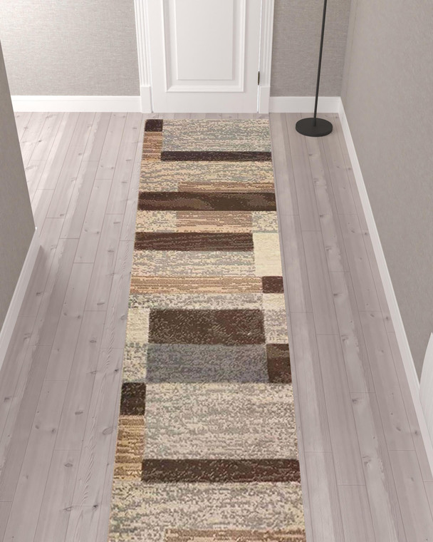 12' Beige Slate Gray And Brown Patchwork Runner Rug