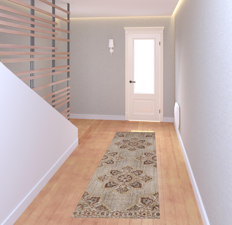 7' Beige Rust And Teal Medallion Runner Rug