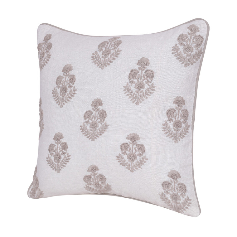 Homeroots Home Decor 20 X 20 Inches Natural and Ivory Floral Linen Zippered Pillow with Embroidery