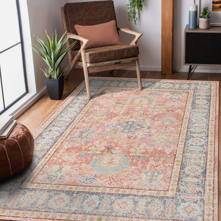 4' X 6' Coral And Blue Oriental Area Rug
