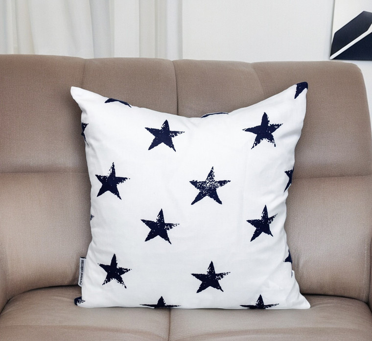Homeroots Home Decor 16 Inches White and Blue Star Cotton Throw Pillow