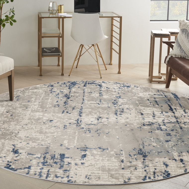 5' Blue and Gray Round Abstract Power Loom Area Rug