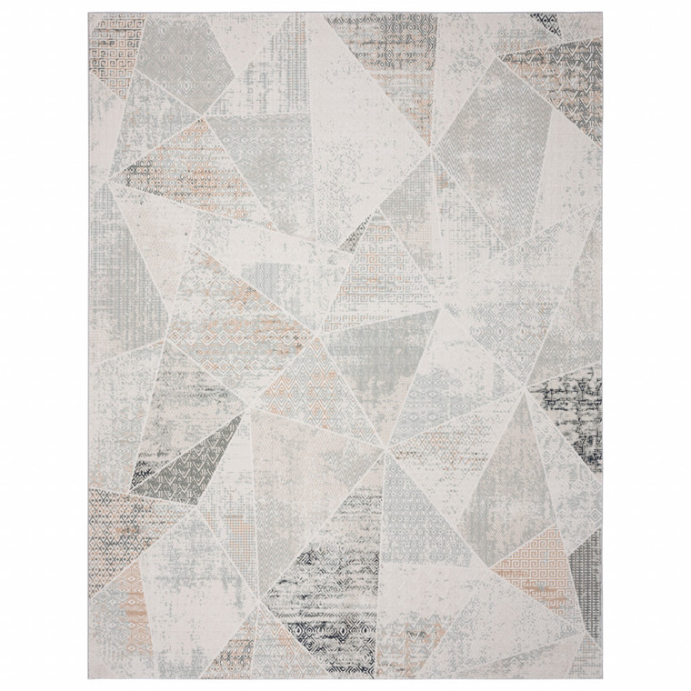 Homeroots Home Decor 9' x 12' Geometric Distressed Stain Resistant Area Rug, Gray Blue Taupe and Cream