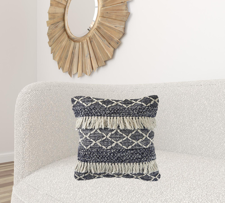 Homeroots Home Decor 20 X 20 Inches Navy and Ivory 100% Wool Geometric Zippered Pillow