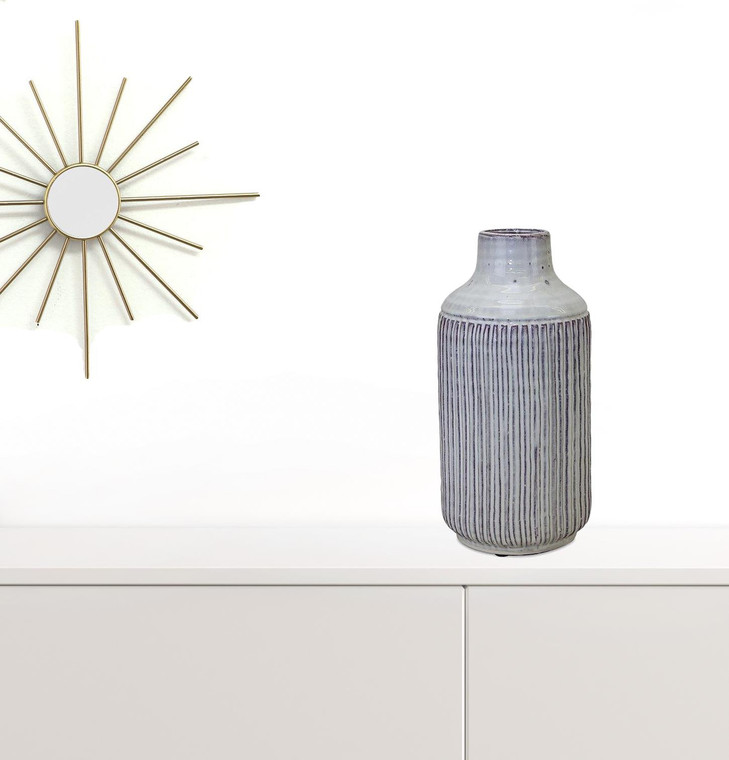 12" Gray And Brown Ribbed Terracotta Cylinder Table Vase