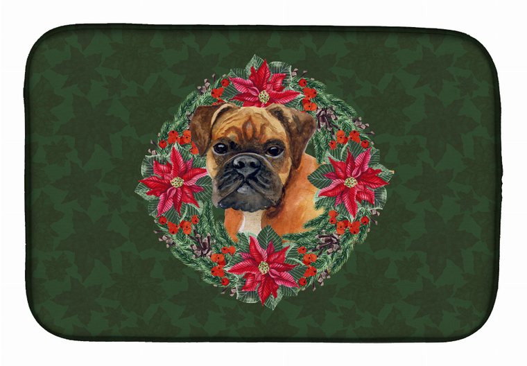 Poinsettia Wreath Dog on Dish Drying Mat - 652259253029