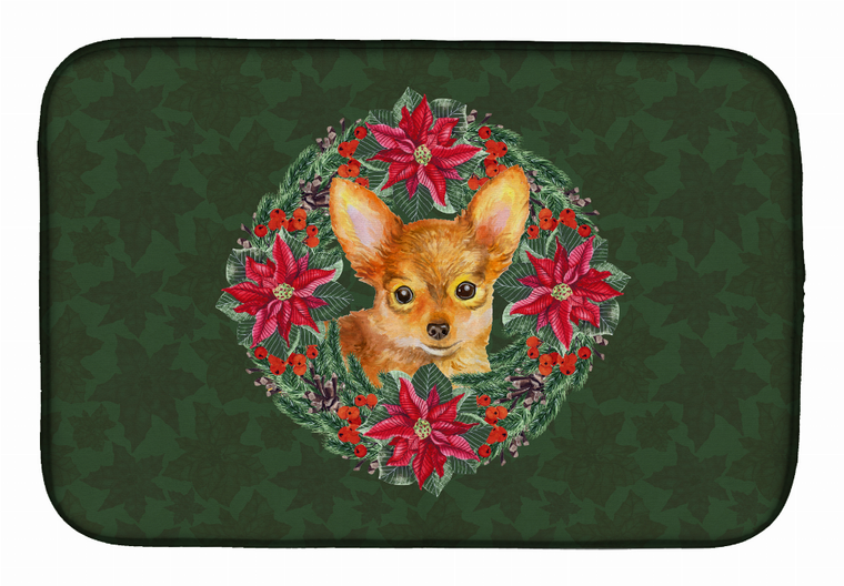 Poinsettia Wreath Dog on Dish Drying Mat - 652259253845