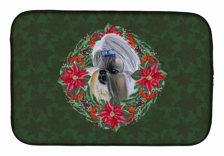 Poinsettia Wreath Dog on Dish Drying Mat - 652259253289